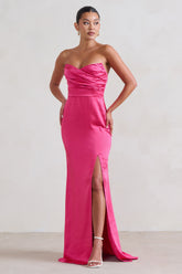 Hot Pink Strapless Maxi Dress With Split